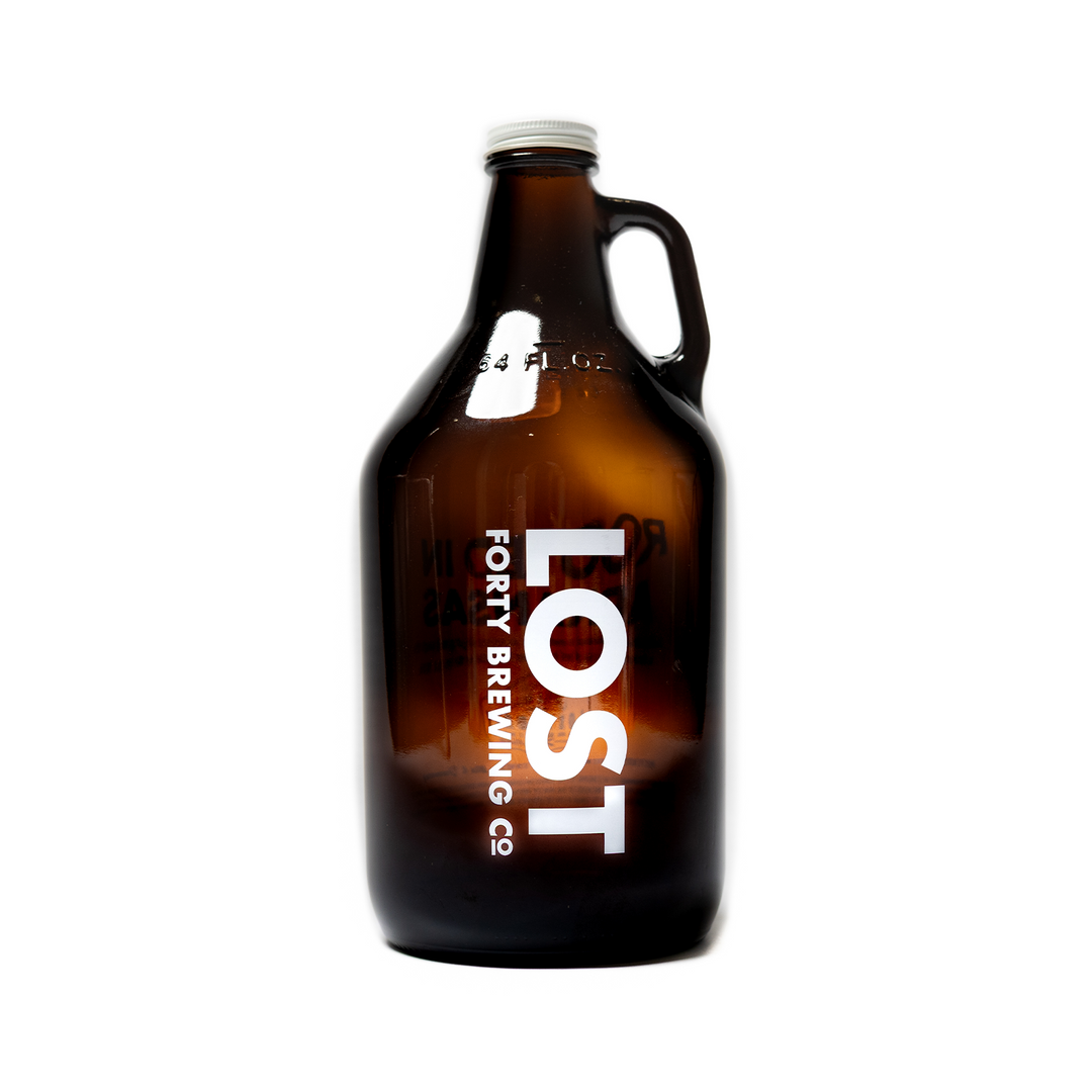 Lost Forty 64 oz. Amber Growler With Cap.